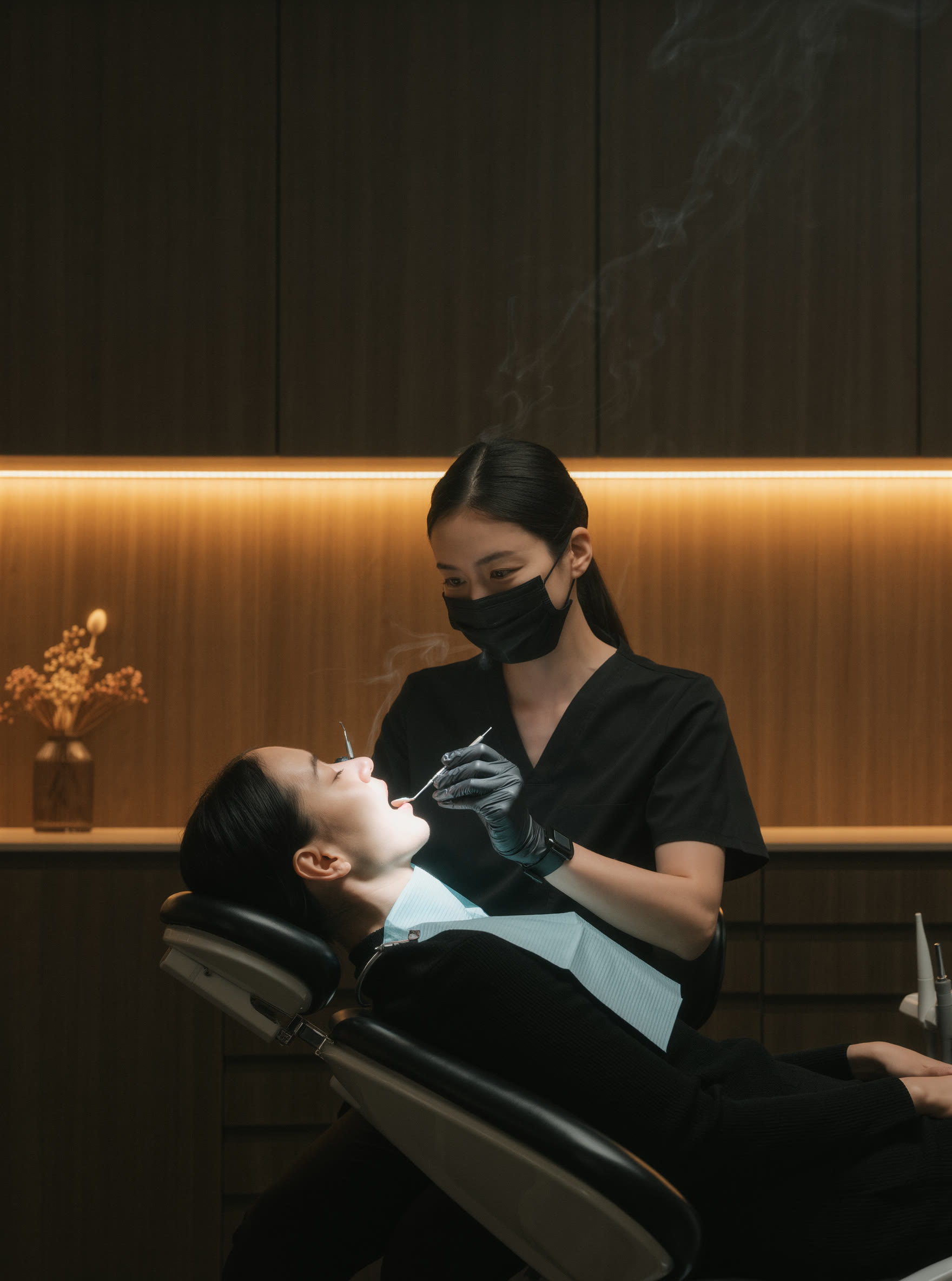 Dentista examinando com calma uma paciente deitada na cadeira da clínica