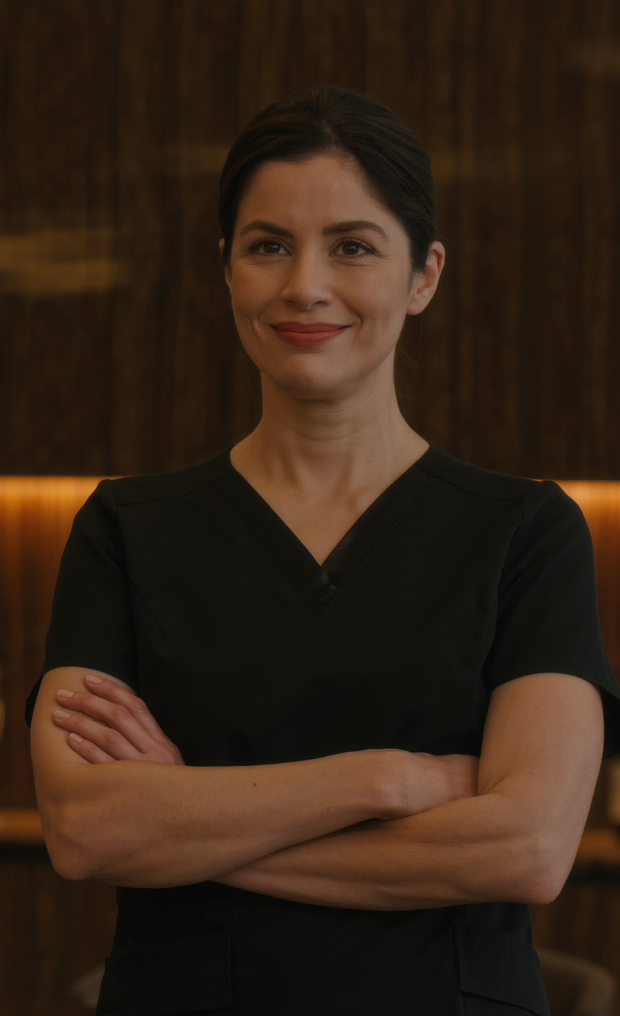 Retrato da Dra. Helena Duarte, de braços cruzados e sorrindo
