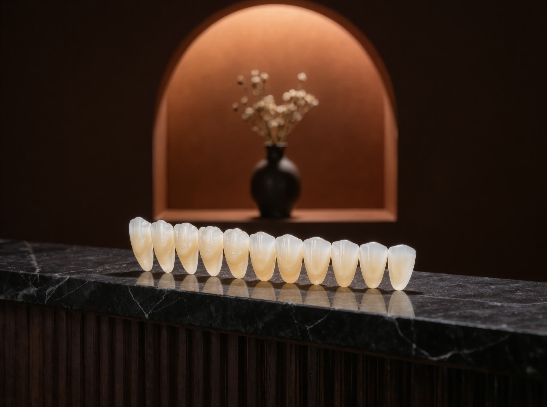 Fileira de lentes de contato dental de porcelana sobre pedra escura